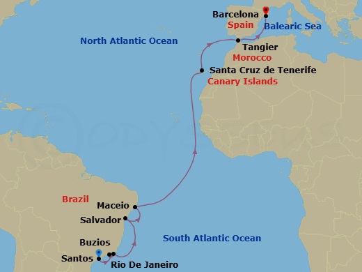 17 Night - Msc Grand Voyages - MSC Virtuosa - Starting in Santos (Sao Paulo), Brazil, Rio De Janeiro, Brazil, Buzios, Brazil, Salvador, Brazil, Maceio, Brazil, Santa Cruz de Tenerife, Tangier (Tetouan), Morocco, Barcelona, Spain itinerary map