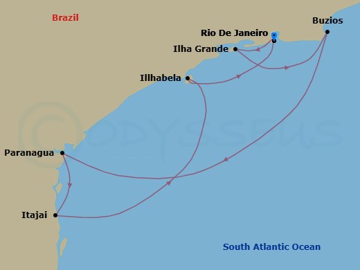 7 Night - South America - MSC Lirica - Starting in Rio De Janeiro, Brazil, Ilha Grande, Brazil, Buzios, Brazil, Paranagua, Brazil, Itajai, Brazil, Ilhabela, Brazil, Rio De Janeiro, Brazil itinerary map