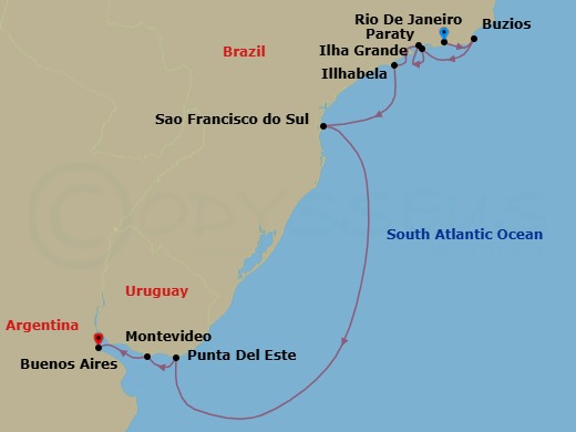 11 Night - Rhythms of the Brazilian Coastline - Scenic Eclipse II - Starting in Rio De Janeiro, Brazil, Buzios, Brazil, Abraao, Ilha Grande, Brazil, Paraty, Brazil, Ilhabela, Brazil, Sao Francisco do Sul, Brazil, Punta Del Este, Uruguay, Montevideo, Uruguay, Buenos Aires, Argentina itinerary map