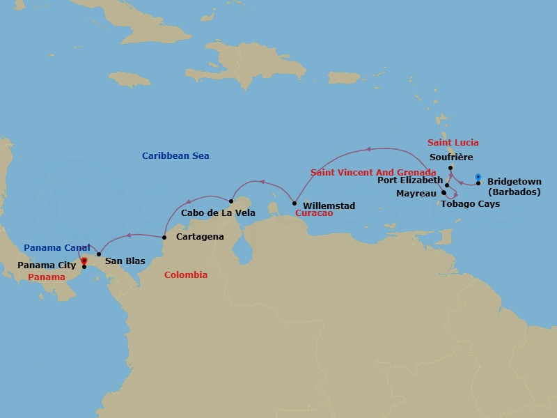 11 Night - Pristine Islands of the Caribbean & the Panama Canal - Scenic Eclipse - Starting in Bridgetown, Barbados, Soufriere, St Lucia, Port Elizabeth VC, Bequia, Mayreau, Grenadines, Tobago Cays, Grenadines, Willemstad AN, Curacao, Cabo de La Vela, Colombia, Cartagena CO, San Blas Islands, Lemon Cay, Panama, Panama Canal Transit / Panama City, Panama City, Panama itinerary map