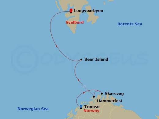 World Navigator - 8 Night - Tromso to Longyearbyen - World Navigator - Starting in Tromso, Skarsvag (North Cape), Hammerfest, Bear Island, Norway, Svalbard / Captains Choice, L.. itinerary map