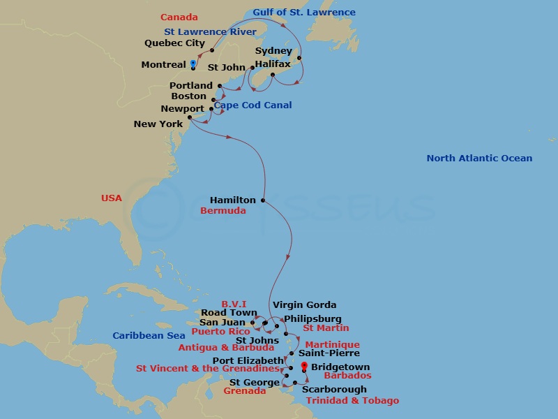 Azamara Journey - 26 Night - Canada & Caribbean Cruise : Montreal, Quebec & Barbados - Azamara Journey - Starting in Montreal, Quebec, Quebec City, Quebec, Sydney NS, Nova Scot.. itinerary map
