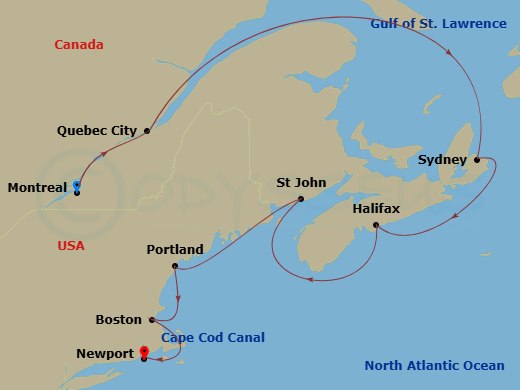 Azamara Journey - 10 Night - Canada & New England Cruise : Quebec City, Halifax & Portland - Azamara Journey - Starting in Montreal, Quebec, Quebec City, Quebec, Sydney NS, Nov.. itinerary map
