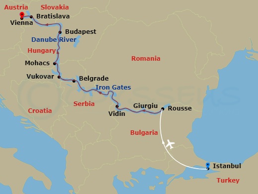 AmaBella Cruise Tours - 12 Night - Gems of Southeast Europe with Istanbul Pre-Cruise and Vienna Post-Cruise - AmaBella Cruise Tours - Starting in Istanbul, Giurgiu, Rousse, Vidin, Ir.. itinerary map