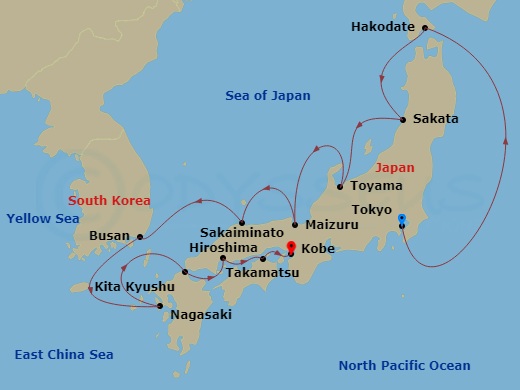 Azamara Pursuit - 14 Night - Japan Intensive Cruise : Tokyo, Nagasaki & Hiroshima - Azamara Pursuit - Starting in Tokyo, Hakodate, Sakata, Toyama, Maizuru, Sakaiminato, Busan,.. itinerary map