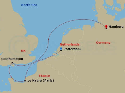 MSC Preziosa - 4 Night - Rtm - MSC Preziosa - Starting in Rotterdam (Amsterdam), Netherlands, Le Havre (Paris), France, Southampton (London), United Kingdom, Hamburg, Germany itinerary map