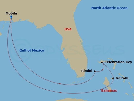 7 Night - Bahamas - Carnival Valor - Starting in Mobile, Al, Bimini, the Bahamas, Celebration Key, the Bahamas, Nassau, Bahamas, Mobile, Al itinerary map