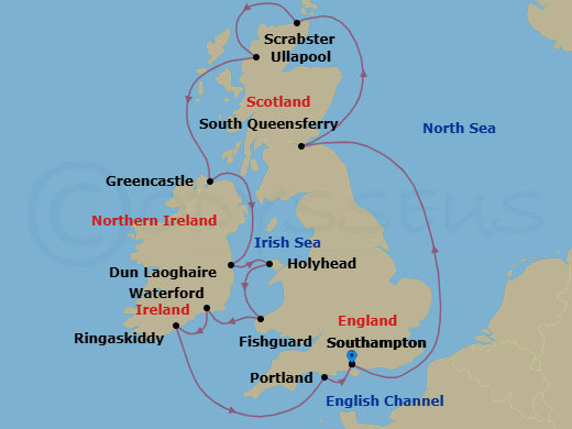 12 Night - British Isles Immersion - Oceania Marina - Starting in London (Southampton), Edinburgh (South Queensferry), Scrabster, Ullapool, Greencastle, Dublin (Dun Laoghaire), Holyhead, Fishguard, Waterford, Cork (Ringaskiddy), Portland UK, London (Southampton) itinerary map