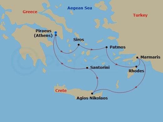 7 Night - Greece Intensive Cruise : Syros, Patmos & Rhodes - Azamara Onward - Starting in Athens (Piraeus), Syros, Patmos, Rhodes, Marmaris, Agios Nikolaos, (Crete), Santorini, Athens (Piraeus) itinerary map