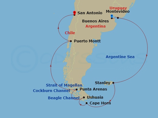 HAL Oosterdam - 14 Night - South America Passage - HAL Oosterdam - Starting in Buenos Aires, Argentina, Montevideo, Uruguay, Port Stanley, Falkland Islands, Scenic Cruising C.. itinerary map