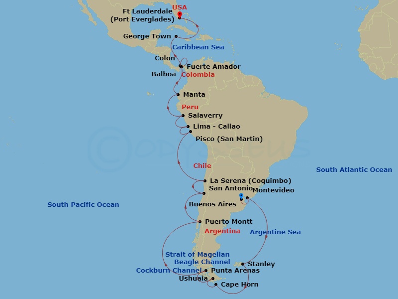 HAL Oosterdam - 31 Night - Panama Canal, Inca & South America Discovery - HAL Oosterdam - Starting in Buenos Aires, Argentina, Montevideo, Uruguay, Port Stanley, Falkland Isl.. itinerary map