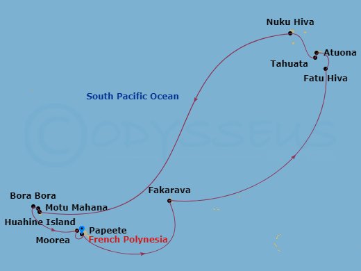 MS Paul Gauguin - 14 Night - Marquesas, the Tuamotus & Society Islands - MS Paul Gauguin - Starting in Papeete, Tahiti Island, Fakarava, Tuamotu Islands, Omoa, Fatu Hiva Island.. itinerary map