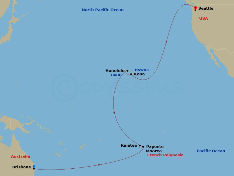 RCL Quantum of the Seas - 22 Night - Transpacific Cruise - RCL Quantum of the Seas - Starting in Brisbane, Australia, International Dateline, Papeete, Tahiti, Moorea, French Polynesia,.. itinerary map
