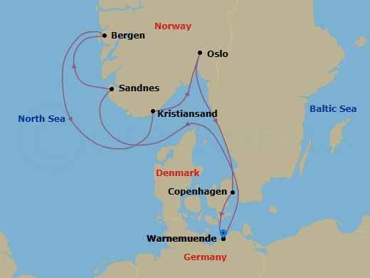 7 Night - Northern Europe - MSC Magnifica - Starting in Warnemunde (Berlin), Germany, Sandnes, Norway, Bergen, Norway, Kristiansand, Norway, Oslo, Norway, Copenhagen, Denmark, Warnemunde (Berlin), Germany itinerary map