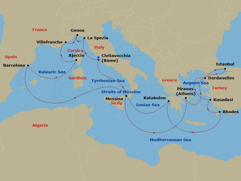 Queen Elizabeth - 21 Night - Mediterranean, Greece and Turkey - Queen Elizabeth - Starting in Civitavecchia (tours to Rome), Italy, La Spezia (tours to Florence or Pisa), Italy.. itinerary map