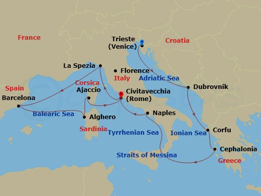 Queen Elizabeth - 14 Night - Mediterranean, Greece and Croatia - Queen Elizabeth - Starting in Trieste, Italy, Dubrovnik, Croatia, Corfu, Greece, Cephalonia, Greece, Messina St.. itinerary map