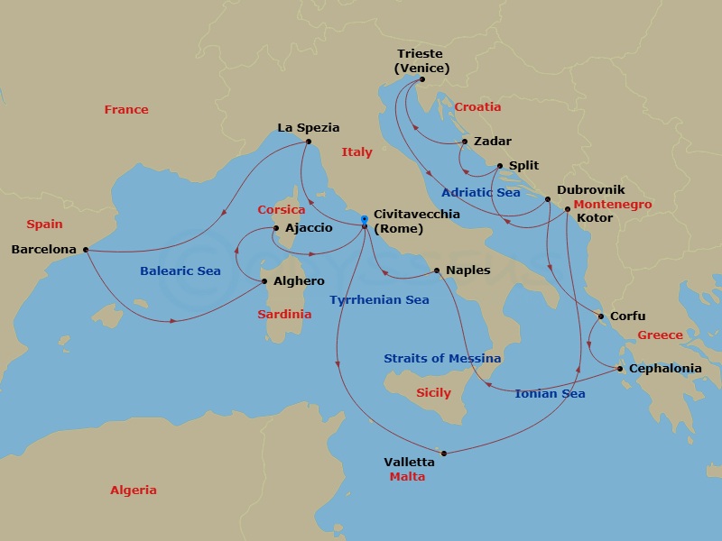 Queen Elizabeth - 21 Night - Malta, Adriatic and Greece - Queen Elizabeth - Starting in Civitavecchia (tours to Rome), Italy, Valletta, Malta, Kotor, Montenegro, Split, Croatia.. itinerary map