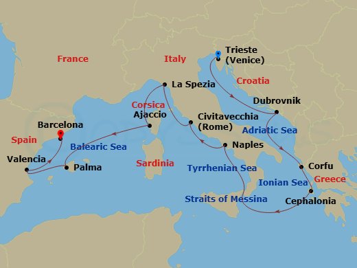 Queen Elizabeth - 14 Night - Mediterranean, Croatia and Greece - Queen Elizabeth - Starting in Trieste, Italy, Dubrovnik, Croatia, Corfu, Greece, Cephalonia, Greece, Messina St.. itinerary map