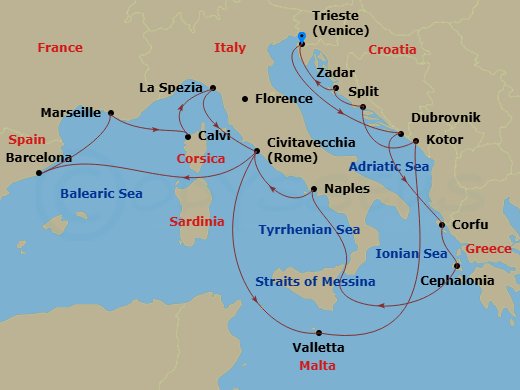 Queen Elizabeth - 21 Night - Mediterranean, Croatia and Greece - Queen Elizabeth - Starting in Trieste, Italy, Dubrovnik, Croatia, Corfu, Greece, Cephalonia, Greece, Messina St.. itinerary map