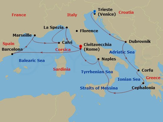 Queen Elizabeth - 14 Night - Mediterranean, Croatia and Greece - Queen Elizabeth - Starting in Trieste, Italy, Dubrovnik, Croatia, Corfu, Greece, Cephalonia, Greece, Messina St.. itinerary map