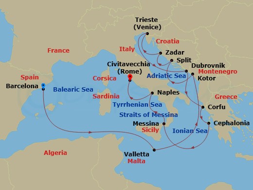 Queen Elizabeth - 14 Night - Italy, Greece and Adriatic - Queen Elizabeth - Starting in Barcelona, Spain, Valletta, Malta, Kotor, Montenegro, Split, Croatia, Zadar, Croatia, Tr.. itinerary map