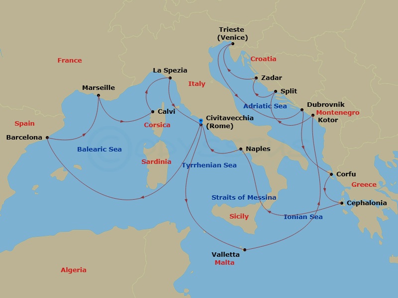 Queen Elizabeth - 21 Night - Italy, Greece and Adriatic - Queen Elizabeth - Starting in Civitavecchia (tours to Rome), Italy, Valletta, Malta, Kotor, Montenegro, Split, Croatia.. itinerary map