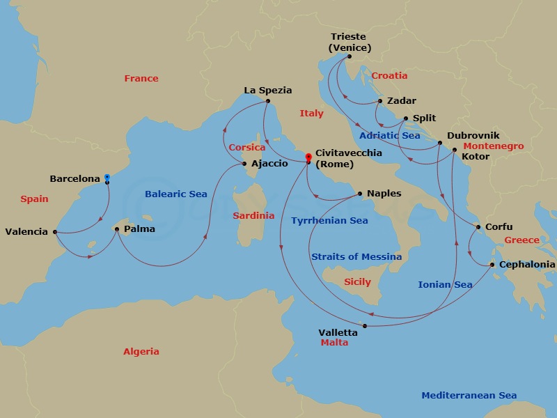 Queen Elizabeth - 21 Night - Italy, Spain, Greece and Adriatic - Queen Elizabeth - Starting in Barcelona, Spain, Valencia, Spain, Palma De Mallorca, Spain, Ajaccio, Corsica, Fr.. itinerary map