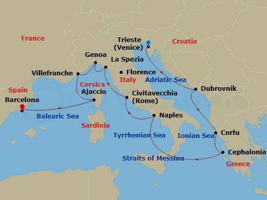 Queen Elizabeth - 14 Night - Mediterranean and Adriatic - Queen Elizabeth - Starting in Trieste, Italy, Dubrovnik, Croatia, Corfu, Greece, Cephalonia, Greece, Messina Strait, I.. itinerary map