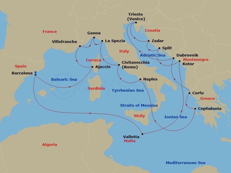 Queen Elizabeth - 21 Night - Mediterranean, Adriatic and Greece - Queen Elizabeth - Starting in Barcelona, Spain, Valletta, Malta, Kotor, Montenegro, Split, Croatia, Zadar, Cro.. itinerary map