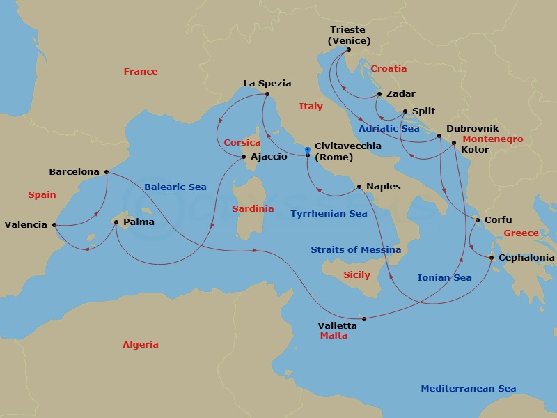 Queen Elizabeth - 21 Night - Mediterranean, Adriatic and Greece - Queen Elizabeth - Starting in Civitavecchia (tours to Rome), Italy, La Spezia (tours to Florence or Pisa), Ita.. itinerary map