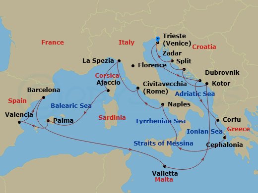 Queen Elizabeth - 21 Night - Mediterranean, Adriatic and Greece - Queen Elizabeth - Starting in Trieste, Italy, Dubrovnik, Croatia, Corfu, Greece, Cephalonia, Greece, Messina S.. itinerary map