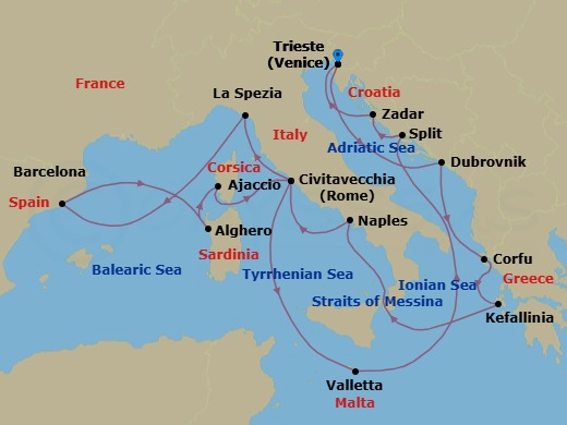 21 Night - Mediterranean, Adriatic and Greece - Queen Elizabeth - Starting in Trieste, Italy, Dubrovnik, Croatia, Corfu, Greece, Cephalonia, Greece, Messina Strait, Italy (Transit), Naples (tours to Capri or Pompeii), Italy, Civitavecchia (tours to Rome), Italy, La Spezia (tours to Florence or Pisa), Italy, Barcelona, Spain, Alghero, Sardinia, Italy, Ajaccio, Corsica, France, Civitavecchia (tours to Rome), Italy, Valletta, Malta, Split, Croatia, Zadar, Croatia, Trieste, Italy itinerary map