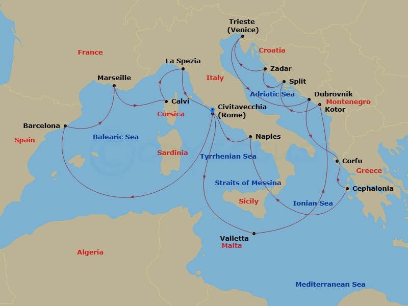 Queen Elizabeth - 21 Night - Mediterranean, Adriatic and Greece - Queen Elizabeth - Starting in Civitavecchia (tours to Rome), Italy, Barcelona, Spain, Marseille, France, Calvi.. itinerary map