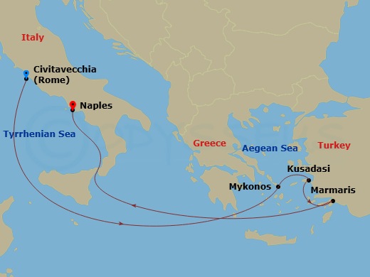 MSC Divina - 6 Night - Mediterranean - MSC Divina - Starting in Civitavecchia (Rome), Italy, Mykonos, Greece, Kusadasi, Turkey, Marmaris, Turkey, Naples (Pompeii), Italy itinerary map
