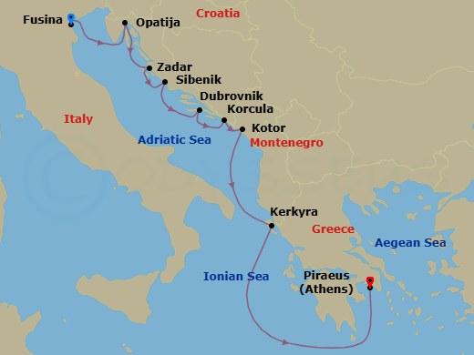 9 Night - Croatia Intensive Cruise : Dubrovnik, Sibenik & Zadar - Azamara Onward - Starting in Venice (Fusina), Opatija, Zadar, Sibenik, Korcula, Dubrovnik, Croatia, Kotor, Corfu, Athens (Piraeus) itinerary map