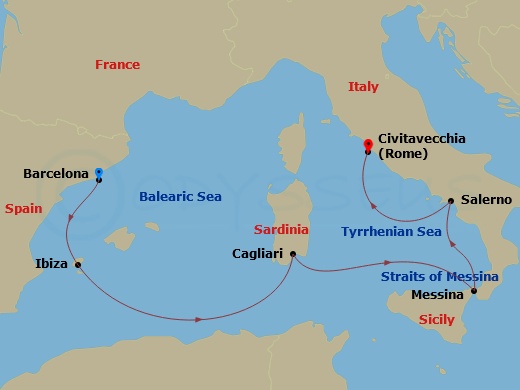 Queen Victoria - 7 Night - Italy and Spain - Queen Victoria - Starting in Barcelona, Spain, Ibiza, Spain, Cagliari, Sardinia, Italy, Messina Strait, Italy (Transit), Messina,.. itinerary map