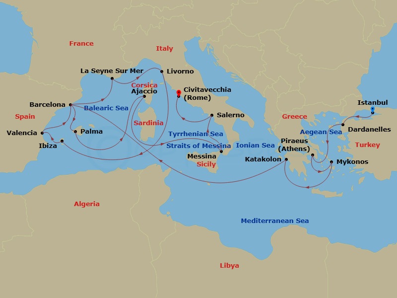 Queen Victoria - 21 Night - Istanbul, Greek Islands and Mediterranean - Queen Victoria - Starting in Istanbul, Turkey, Dardanelles Strait, Turkey (Transit), Piraeus (tours to.. itinerary map