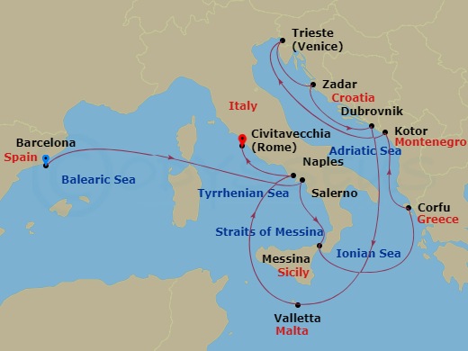Queen Victoria - 14 Night - Italy and Adriatic - Queen Victoria - Starting in Barcelona, Spain, Salerno (tours to Capri or Pompeii), Italy, Messina Strait, Italy (Transit), Me.. itinerary map