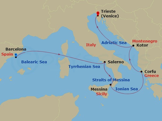 Queen Victoria - 7 Night - Italy and Adriatic - Queen Victoria - Starting in Barcelona, Spain, Salerno (tours to Capri or Pompeii), Italy, Messina Strait, Italy (Transit), Mes.. itinerary map
