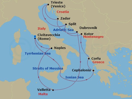 Queen Victoria - 14 Night - Italy and Adriatic - Queen Victoria - Starting in Civitavecchia (tours to Rome), Italy, Messina Strait, Italy (Transit), Cephalonia, Greece, Corfu,.. itinerary map