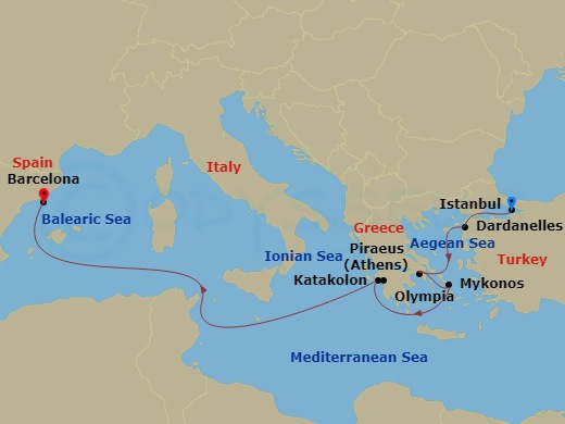Queen Victoria - 7 Night - Istanbul and Greek Islands - Queen Victoria - Starting in Istanbul, Turkey, Dardanelles Strait, Turkey (Transit), Piraeus (tours to Athens), Greece,.. itinerary map
