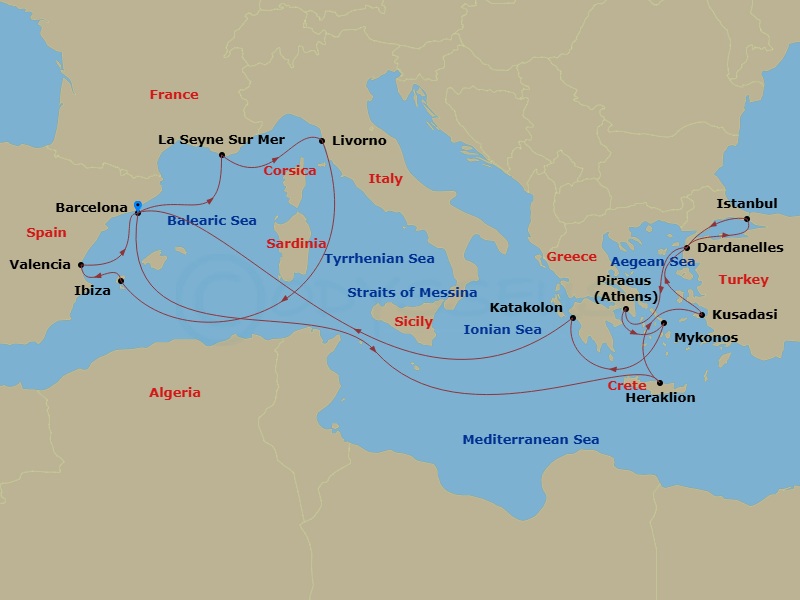 Queen Victoria - 21 Night - Mediterranean and Greek Islands - Queen Victoria - Starting in Barcelona, Spain, Heraklion, Crete, Greece, Kusadasi (tours to Ephesus), Turkey, Dar.. itinerary map