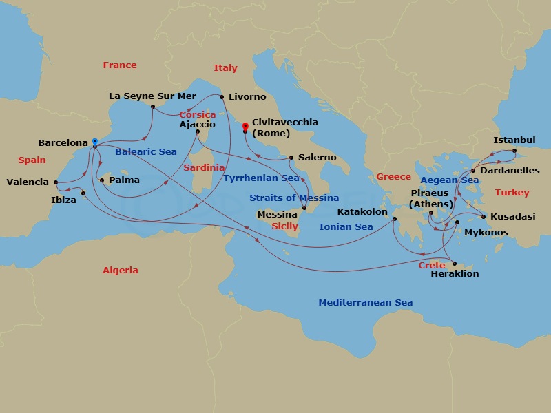 Queen Victoria - 28 Night - Mediterranean and Greek Islands - Queen Victoria - Starting in Barcelona, Spain, Heraklion, Crete, Greece, Kusadasi (tours to Ephesus), Turkey, Dar.. itinerary map
