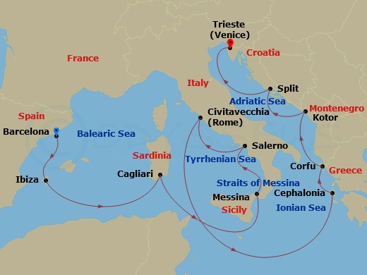 Queen Victoria - 14 Night - Italy, Spain and Adriatic - Queen Victoria - Starting in Barcelona, Spain, Ibiza, Spain, Cagliari, Sardinia, Italy, Messina Strait, Italy (Transit).. itinerary map