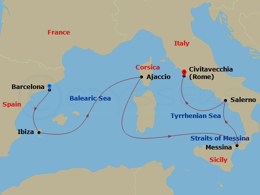Queen Victoria - 7 Night - Italy, France and Spain - Queen Victoria - Starting in Barcelona, Spain, Ibiza, Spain, Ajaccio, Corsica, France, Messina Strait, Italy (Transit), Me.. itinerary map