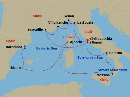 Queen Victoria - 14 Night - Italy, France and Spain - Queen Victoria - Starting in Barcelona, Spain, Ibiza, Spain, Ajaccio, Corsica, France, Messina Strait, Italy (Transit), M.. itinerary map