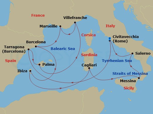 Queen Victoria - 14 Night - Western Mediterranean - Queen Victoria - Starting in Civitavecchia (tours to Rome), Italy, Tarragona, Spain, Palma De Mallorca, Spain, Villefranche.. itinerary map