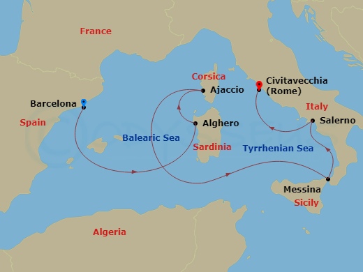 Queen Victoria - 7 Night - Italy, France and Spain - Queen Victoria - Starting in Barcelona, Spain, Alghero, Sardinia, Italy, Ajaccio, Corsica, France, Messina Strait, Italy (.. itinerary map