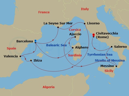 Queen Victoria - 14 Night - Italy, France and Spain - Queen Victoria - Starting in Barcelona, Spain, La Seyne-sur-Mer (for Toulon), France, Livorno (tours to Florence or Pisa).. itinerary map