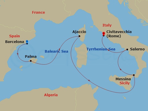 Queen Victoria - 7 Night - Italy, France and Spain - Queen Victoria - Starting in Barcelona, Spain, Palma De Mallorca, Spain, Ajaccio, Corsica, France, Messina Strait, Italy (.. itinerary map